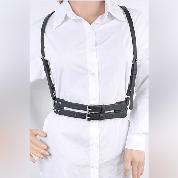 Black Vegan Leather Waist Harness Statement Belt - Picture 5 of 6